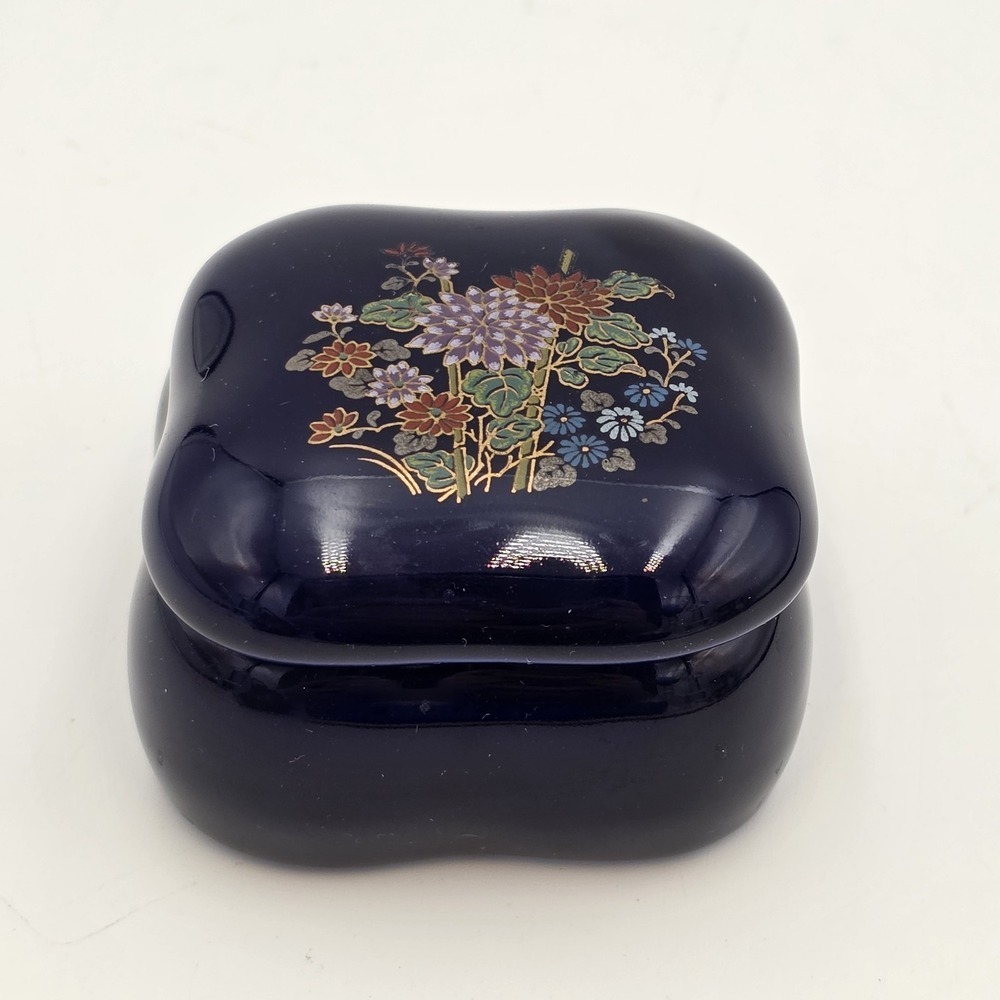 Vintage Japanese Cobalt Blue Ceramic Trinket Box Hand Painted Floral Jewelry Box